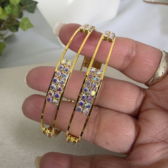 Large Gold Hoop Earrings with AB Rhinestones - Picture 4 of 10